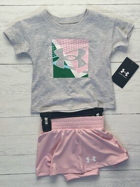 NWT Under Armour Baby Girl Outfit Set Pink Skort Gray Logo Tee 12M